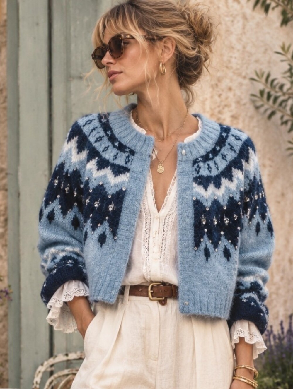 ANTHROPOLOGIE Embellished Cropped Wool Fair Isle Cardigan Shrug Blue NWT OS